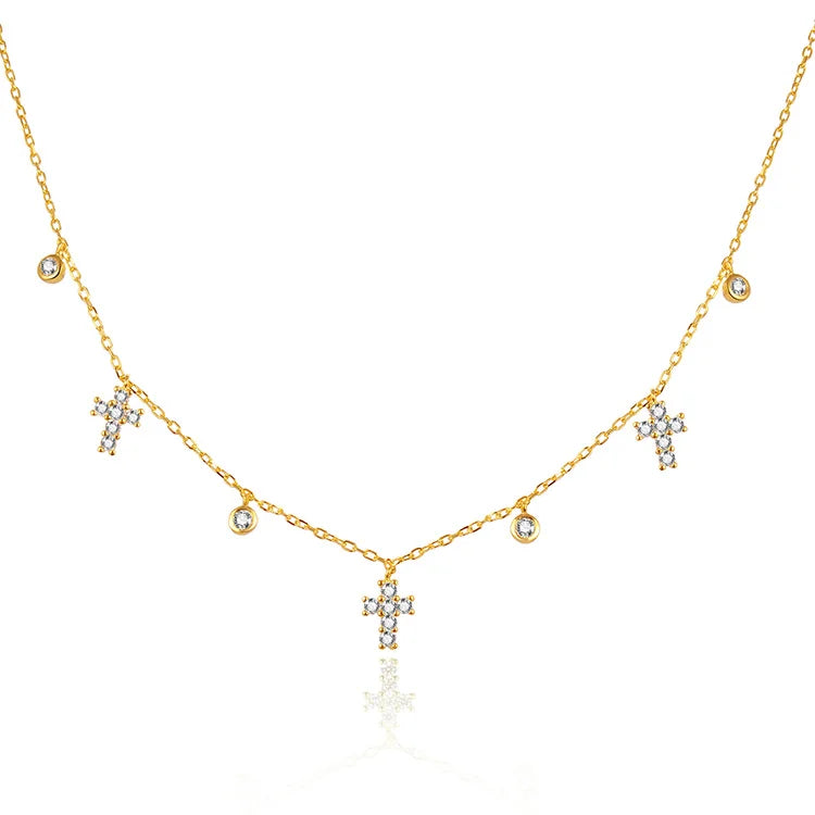 Fancy Beautiful Wedding Gift 925 Sterling Silver Necklaces Bling Gold Cross Pendant Necklace Women