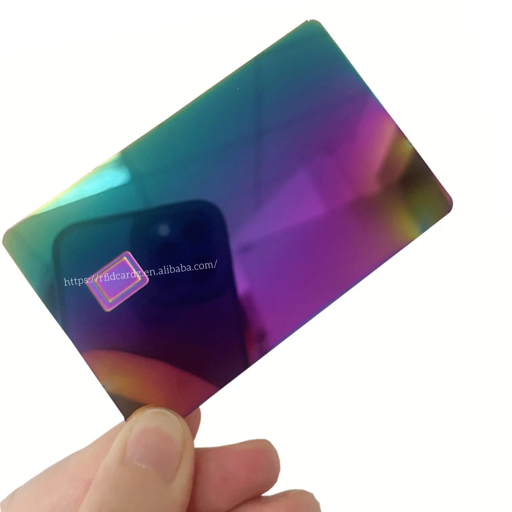 Stainless Steel Metal Credit Card Blank DIY Rainbow Neon Metal Card 4442 Chip Slot HiCo 3 Track Magnetic Stripe for Smart Card