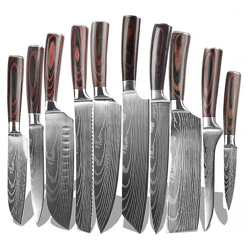 Professional Ultra Sharp 10 Pcs High Quality Stainless Steel Kitchen Chef Knives Set with Ergonomic Wood Handle Chef Knife Set