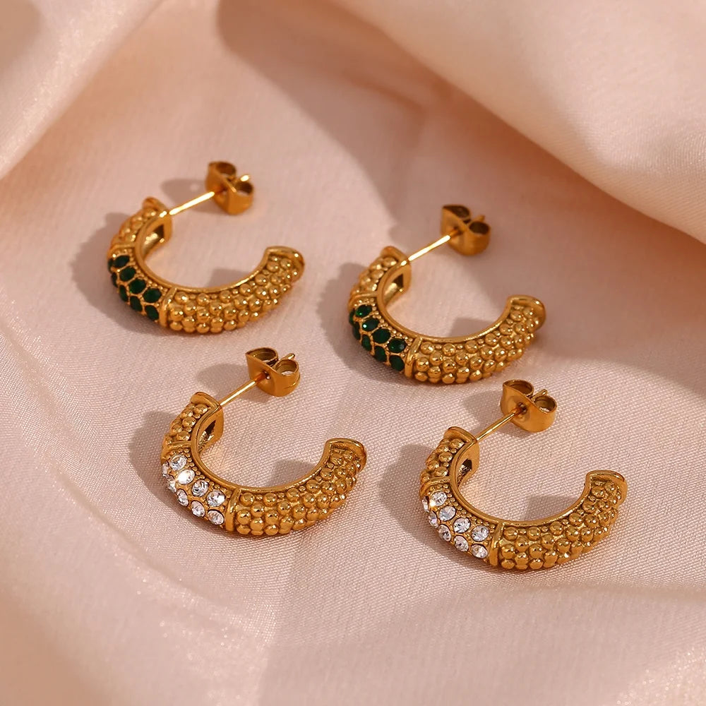 Dreamshow Vintage C Shape Zircon Hoop Earring 18K Gold Plated Stainless Steel Hoop Earring Women