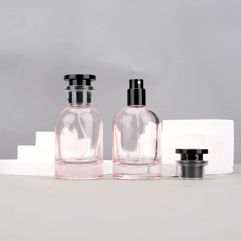 Round Shape Perfume Glass Bottle Pink Color Screw Neck 30ml 50ml Empty Sprayer Bottles With Cap
