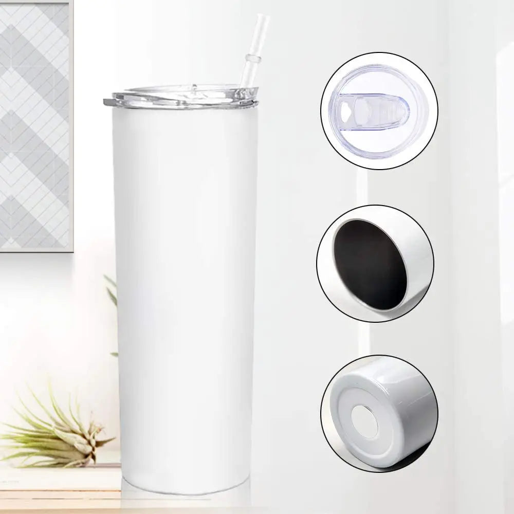 Wholesale in Bulk Double Insulated 15Oz White Skinny Stainless Steel Sublimation Blank Tumbler With Lid and Metal Straw
