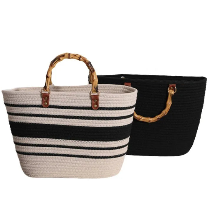 Trending Striped Large Capacity Woven Tote New Bamboo Handle Retro Straw Bag Portable Beach Women's Bag