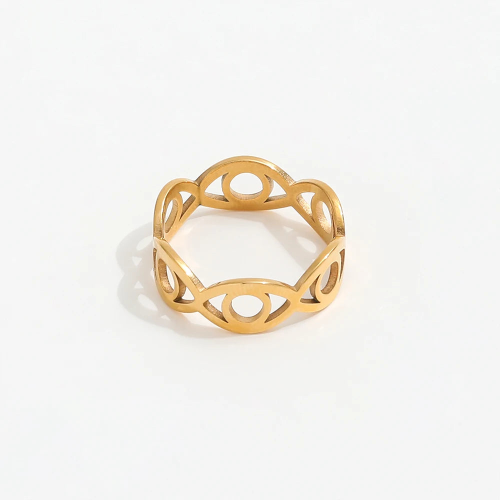 High End 18K Plain Gold Hollow Eye Rings Stainless Steel Trendy Simple Gold Plated Jewelry