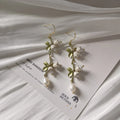Linglan 925 Silver Needle Freshwater Pearl Handmade Earrings New Summer Trendy Long Charm Design with Flower and Leaf Leaves