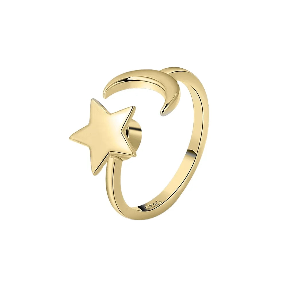 925 Sterling Silver Gold Rhodium Plated Resizable Rotating Spinner Ring with Moon Star Design Trendy Design to Relieve Anxiety