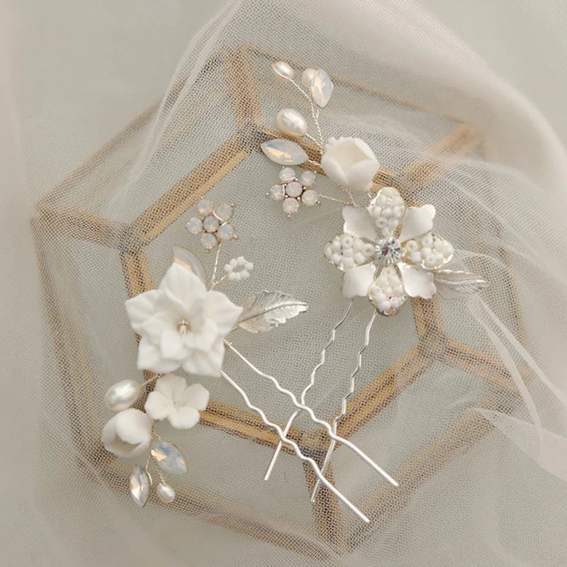 SLBRIDAL Handmade Ceram Flower Freshwater Pearls Bridal Hair Pin Wedding Hair Sticker Women Bridesmaids Jewelry Hair Accessories