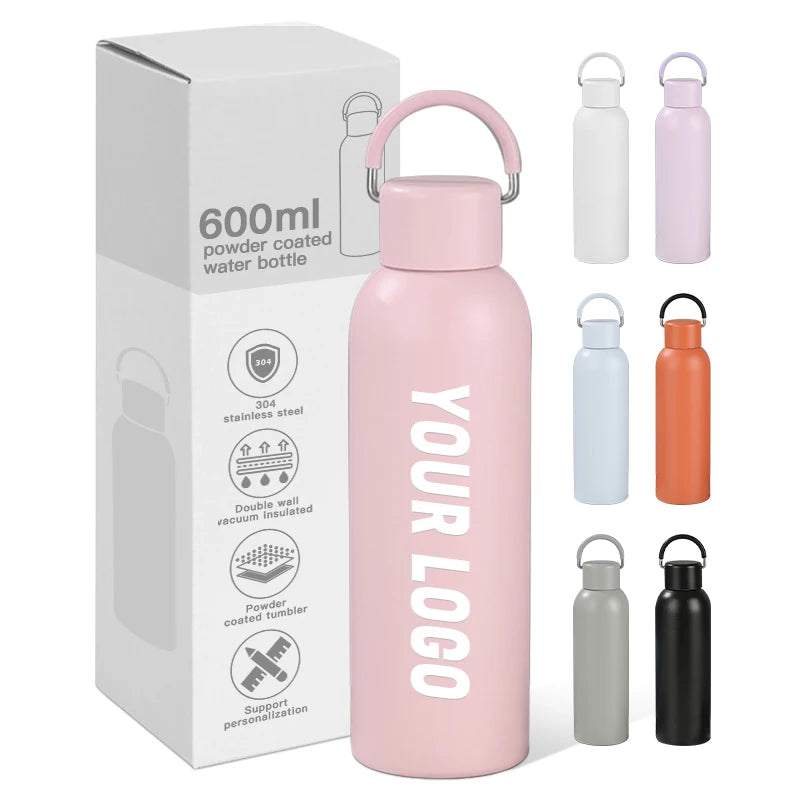 Hot Sell 600ml BPA Free Sport Travel Flask Custom Logo Food Grade 304 Stainless Steel Wide Mouth Water Bottle with Handle