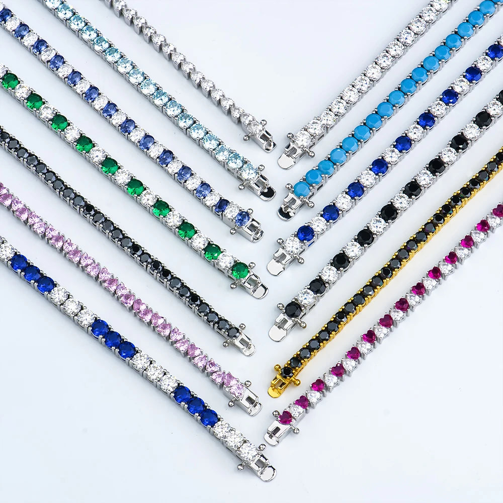 2023 New 3mm 4mm 5mm Color Black Blue Round Heart Gra Vvs Sterling Silver 925 Diamond Moissanite Tennis Chain Bracelet for Women