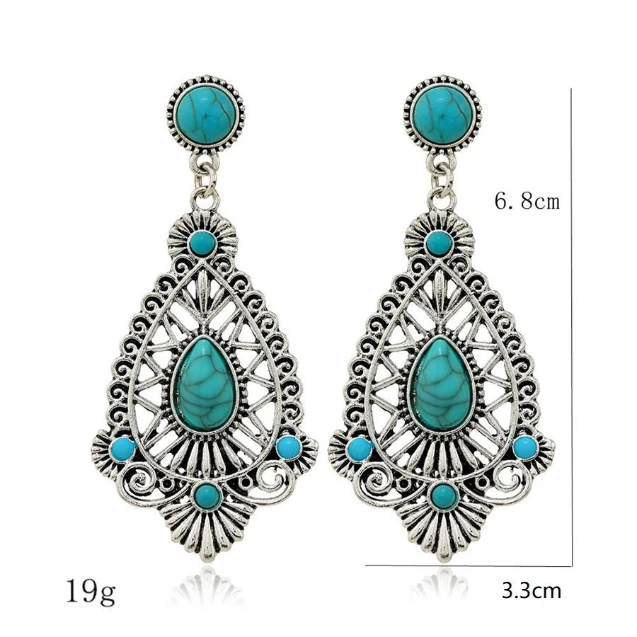 Women Earring Jewelry  European Retro Creative Hollowed-out Turquoise Alloy Earrings Water-drop Shape Turquoise Earring