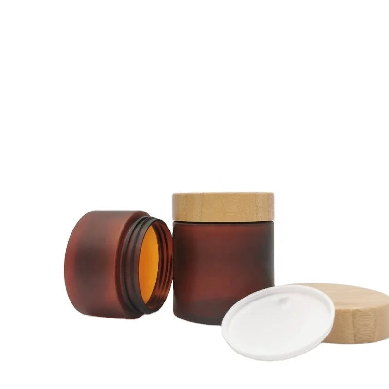 150ml 250ml Cream Jar Frosted Amber Empty Facial Mudpack Pot 5oz 8oz Skincare PET Plastic Cream Jar With Bamboo Wooden Lid