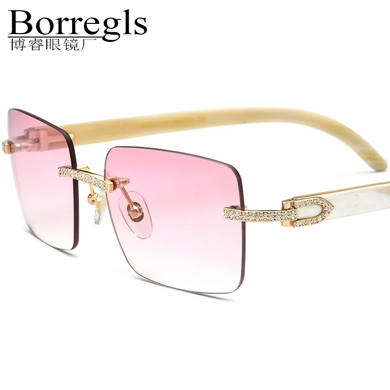Borregls Buffalo Horn Sunglasses Men New Brand Designer Square Rimless Eyeglasses Women Luxury Nylon Lens Sun Glasses 10070T