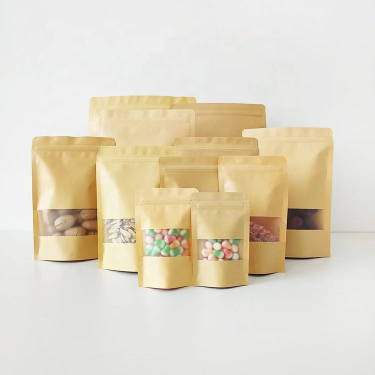 26x35cm Large Size Big Zip Lock Kraft Standing up Pouches for Food Packaging Brown Kraft Paper Bag with Window
