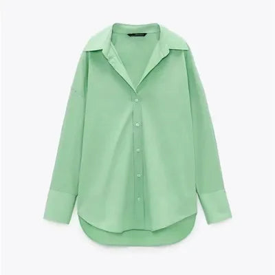 New Women Simply Candy COlor Single Breasted Poplin Shirts Office Lady Long Sleeve Blouse Chic Chemise Tops