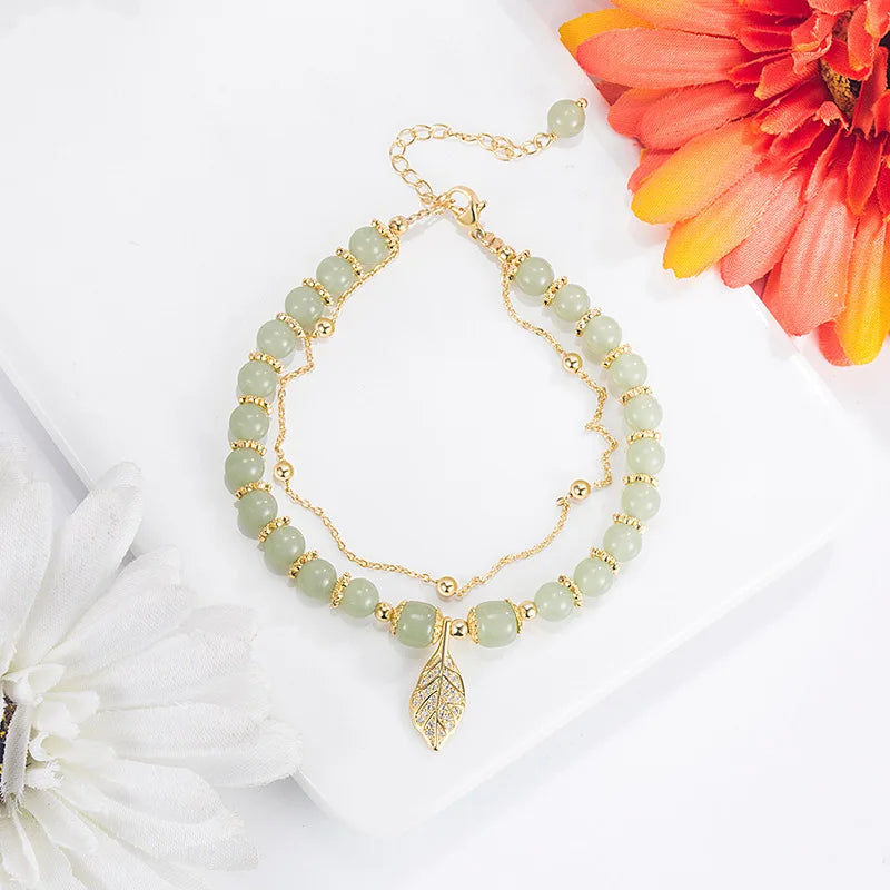 2023 Vintage Double Chain Hotan Jade Bracelet Fresh Leaf Green Beaded Bracelet for Women Girls Gifts