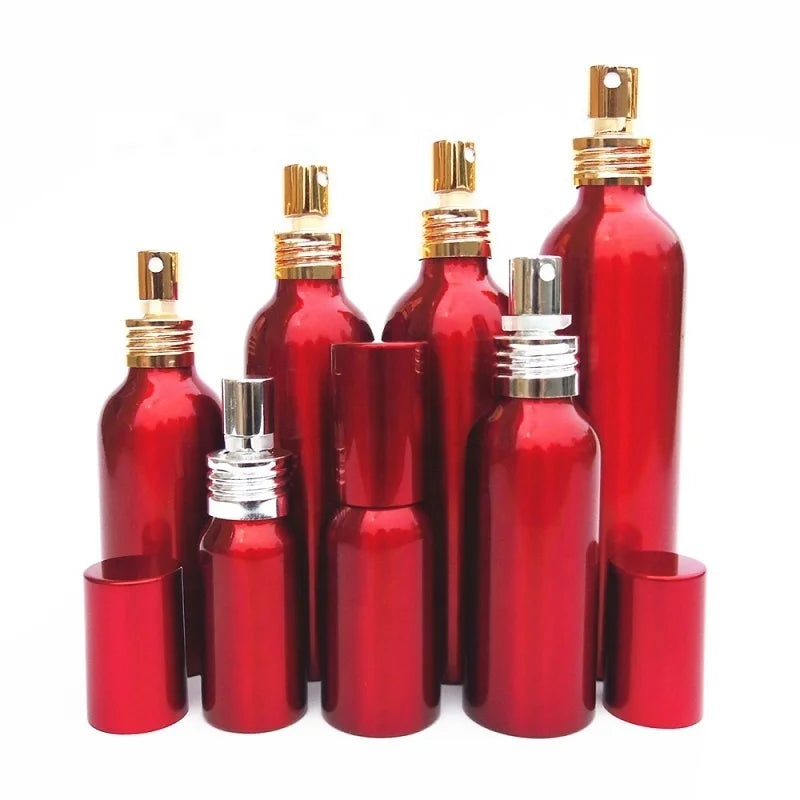 Empty 30~500ml Aluminum Bottle Fine Mist Sprayer Shiny Red Metal Cosmetic Toner Water Refillable Aluminum Cosmetic Spray Bottle