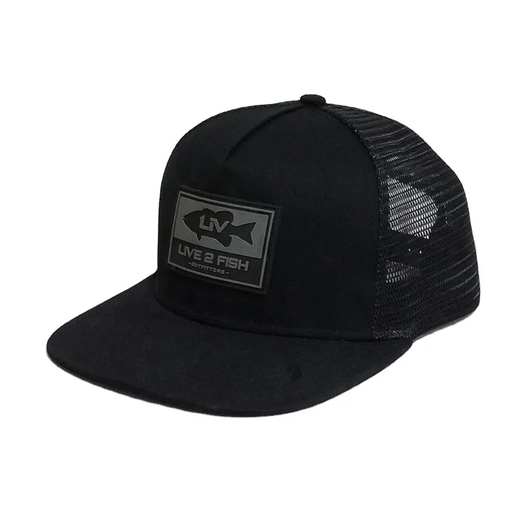Cotton Plain Flat Brim 5 Panel Custom Black Mesh Snapback Trucker Hats Rubber Patch Logo Fishing Travel Hip Hop Sporty Unisex