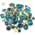 Wholesale 3D Peacock Blue Mixed Shape Crystal Glass Sew-on Rhinestones 50pcs/Bag Loose Rhinestones with Golden Lace Claw for DIY