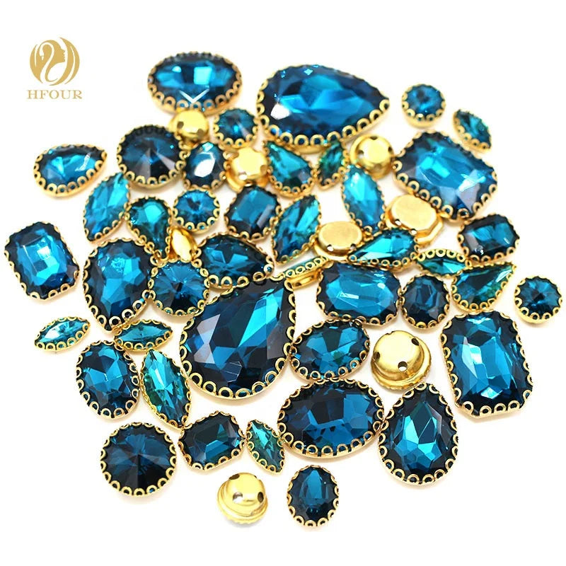 Wholesale 3D Peacock Blue Mixed Shape Crystal Glass Sew-on Rhinestones 50pcs/Bag Loose Rhinestones with Golden Lace Claw for DIY