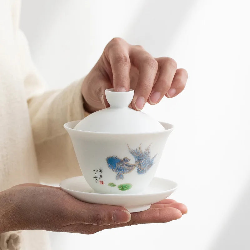 Cover Teacup New Home White Porcelain Gaiwan Tea Brewing Bowl White Jade Single Kung Fu Tea Bowl