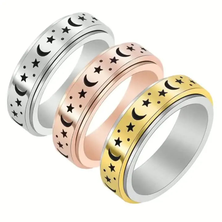 2022 New Trendy Non Tarnish Stainless Steel Star and Moon Rotating Ring Anxiety Rings for Women