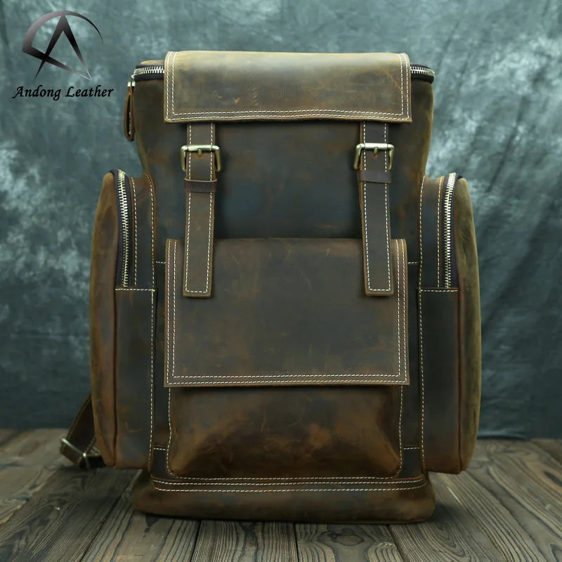 Men Genuine Cow Leather Backpack Crazy Horse Leather Largecapacity Travel Bag Male Backpacks