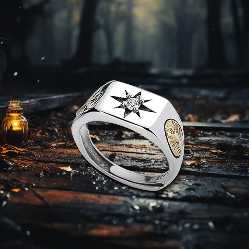S925 Sterling Silver Retro Fashion Wide Face Ring Handsome Cross Zircon Open Rock Rings with Eight Man Star for Engagement
