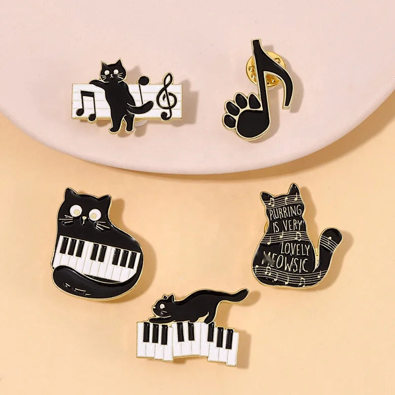 Black Cat Music Enamel Pin Animal Cute Musical Instrument Notes Piano Brooch Badge Friends Gift Wholesale Backpack Accessories