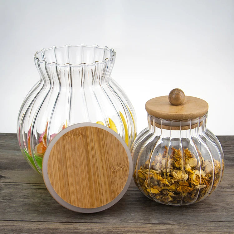 2022 New Arrival Pumpkin Pattern High Borosilicate Glass Jar with Bamboo Lid Price