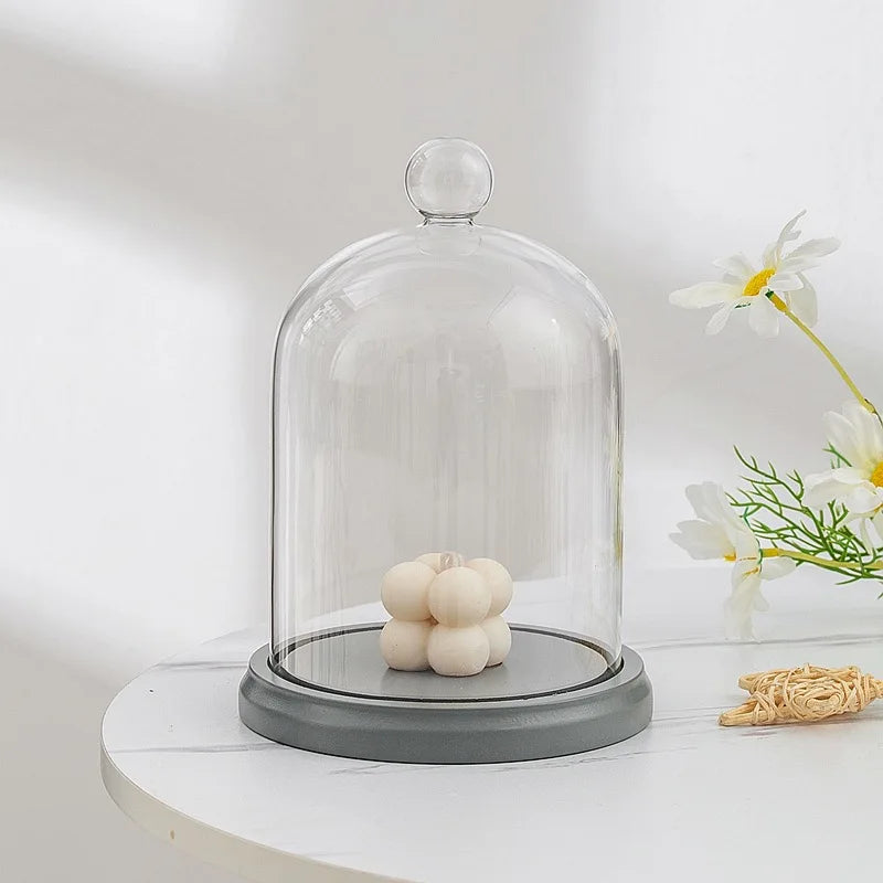 New Arrival Clear Glass Bell Dome Cloche with Wood Base for Display Candles Handicraft