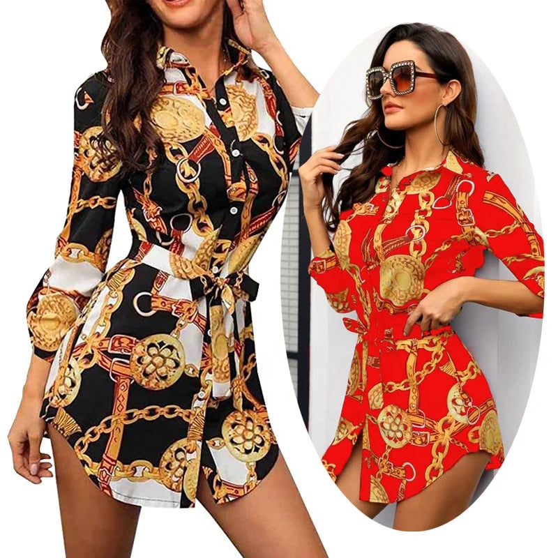 Womens Chain Print Dress Shirts African Tops Colorful Floral Blouse Button Down Tunic Long Shirt Dress