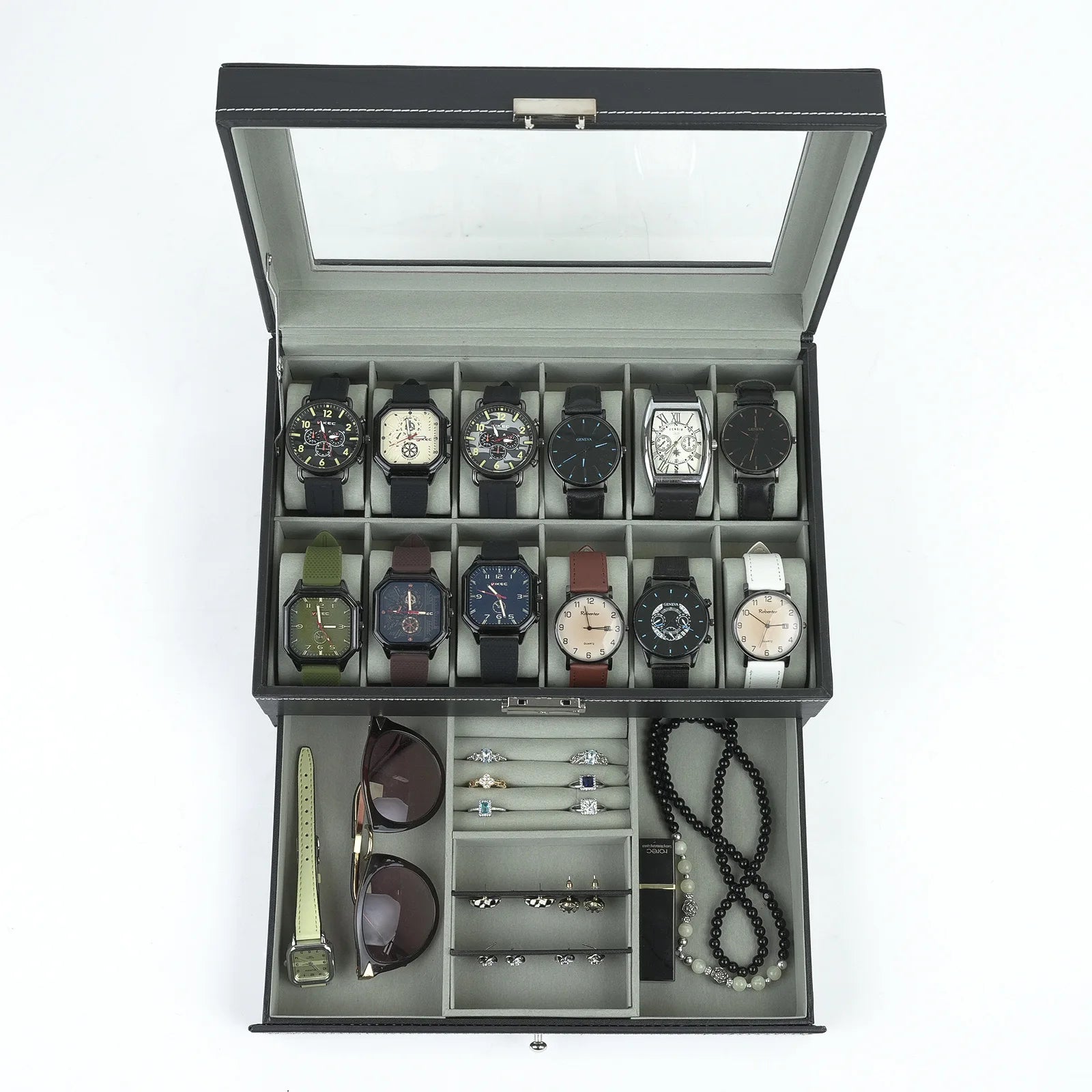 Watch Box Multi Functional Double Layer Drawer Leather Luxury Jewlery Box Transparent Visible Jewelry Boxes Sunglasses case