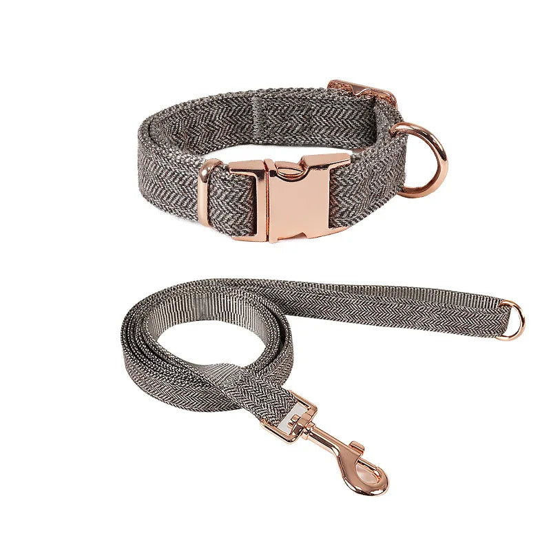 Wholesale  Luxury Nylon Twill Pet Collares Adjustable Metal Gold Metal Buckle Tweed Dog Collar and Leash Set