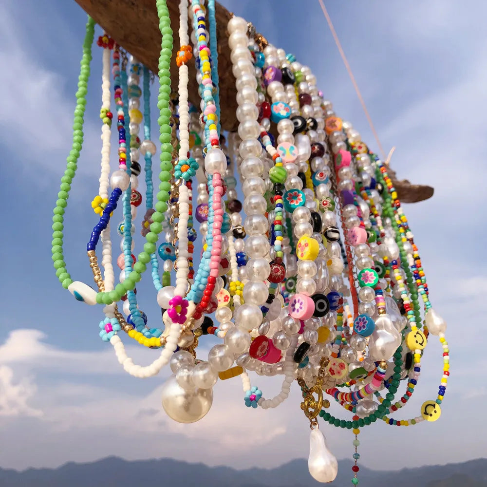 Trendy Y2K Jewelry Minimalist Baroque Peal Colorful Glass Seed Bead Healing Crystal Necklace Choker