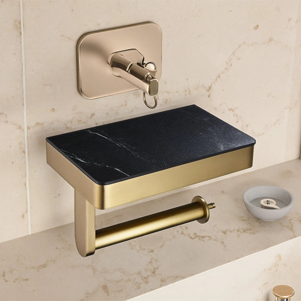 Gold Toilet Paper Holder Stainless Steel Tissue Paper Rack With Marble Phone Holder Polish Finish Bathroom Accessories Set