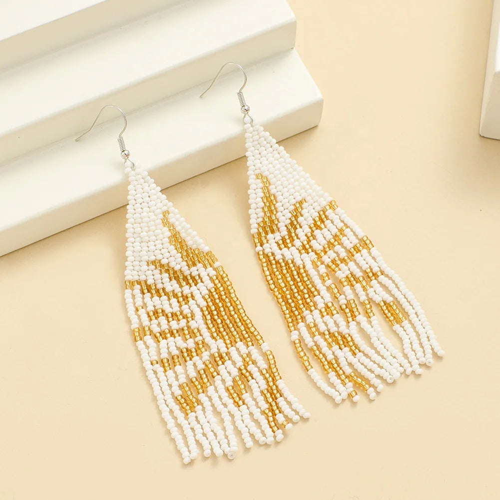 Women's Bohemian Asymmetrical Acrylic Earrings Hand-Woven Sun-patterned Seed Bead Drop Fashion Jewelry