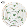 New Design Modern White Ceramic Dishes Restaurant Porcelain Dinnerware Sets Luxury Green Dinner Charger Plates Sets for Wedding