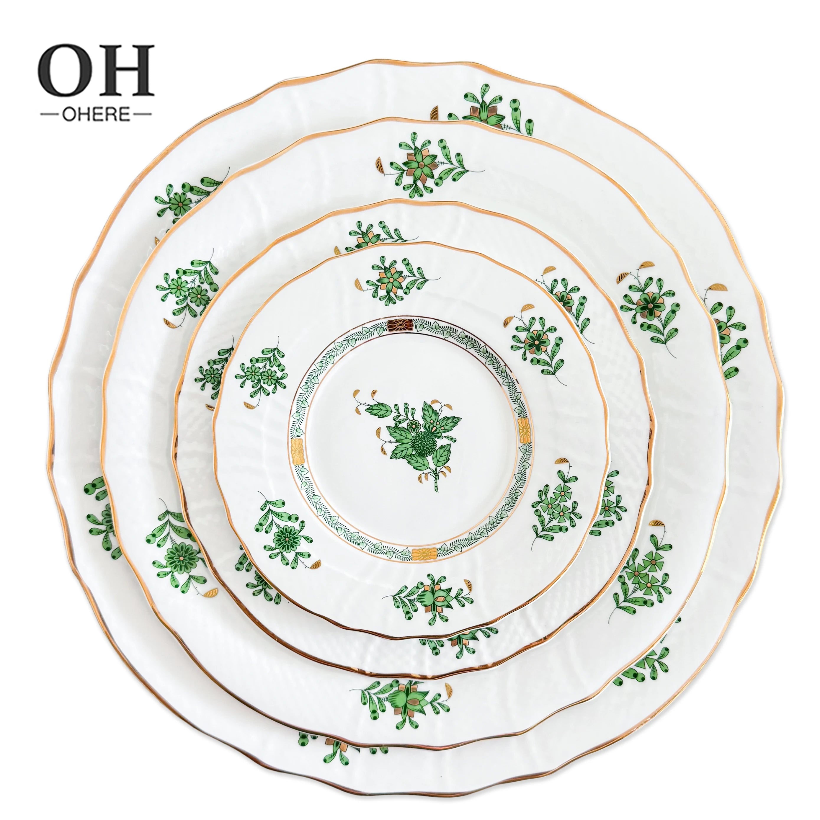 New Design Modern White Ceramic Dishes Restaurant Porcelain Dinnerware Sets Luxury Green Dinner Charger Plates Sets for Wedding