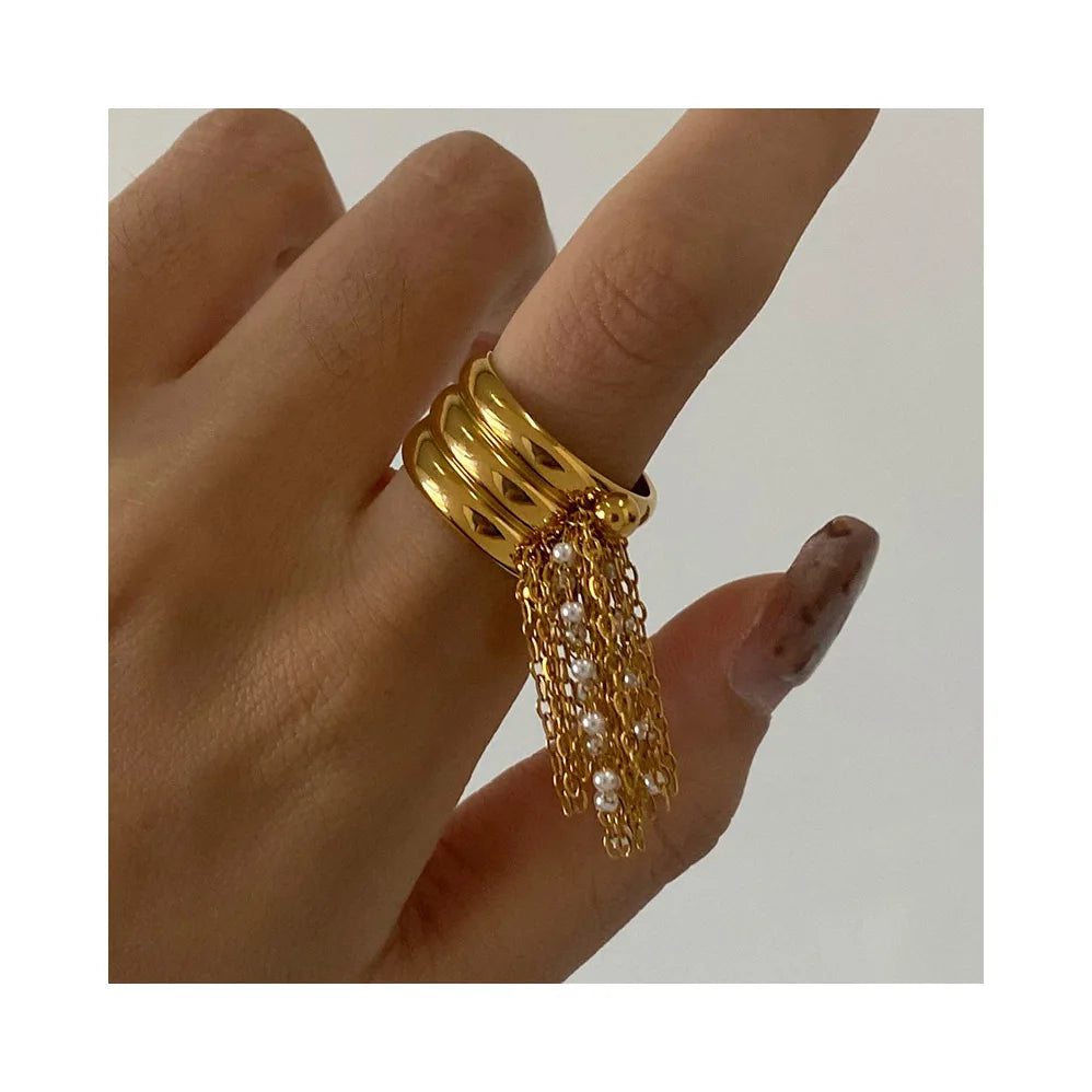 ERESI Fashion Jewelry Wholesale 18K PVD Gold Plated Spiral Chain Tassel Stainless Steel Rings for Women Rings