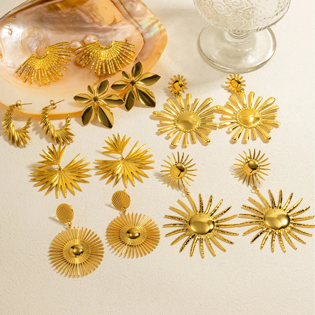 Wholesale 18K Gold Plated Fashion Jewelry Stainless Steel Gold-plated Sunflower Acier Inoxydable Pendant Earrings