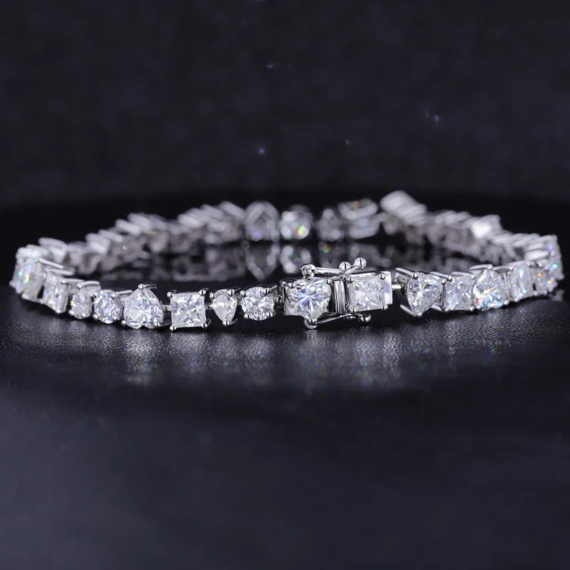 14k White Gold Radiant Shape Heart Round Synthetic Moissanite Diamond Bracelet Customize