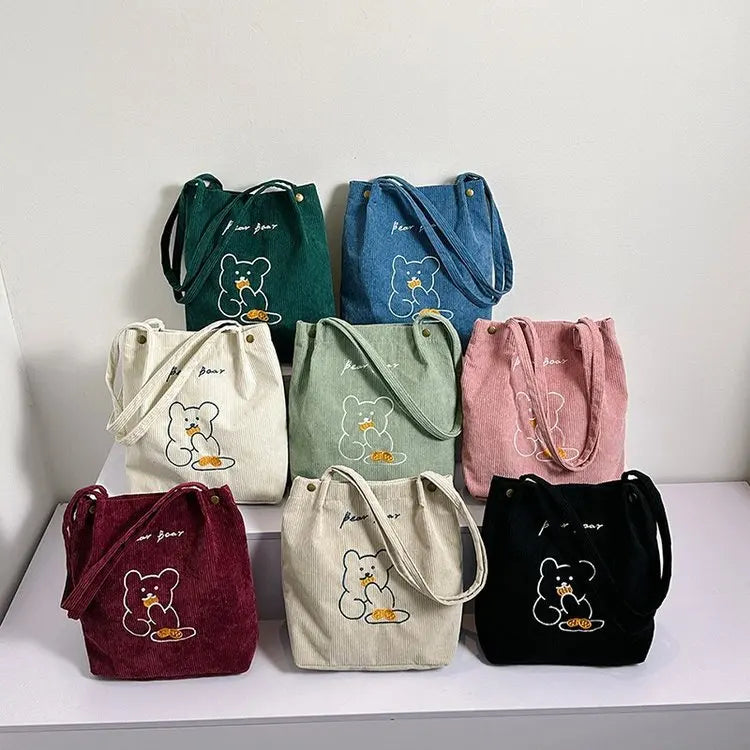 Cartoon Bear Women's Corduroy Shopping Bag Large Capacity Ladies Shoulder Bags Cute College Girls Book Handbags Tote Purse