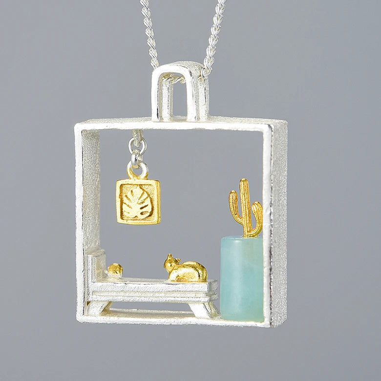 Lotus Fun Silver Pendant 2025 Handmade Natural Stone Amazonite Jewelry Cat Pendant for Women Fine Jewelry for Women