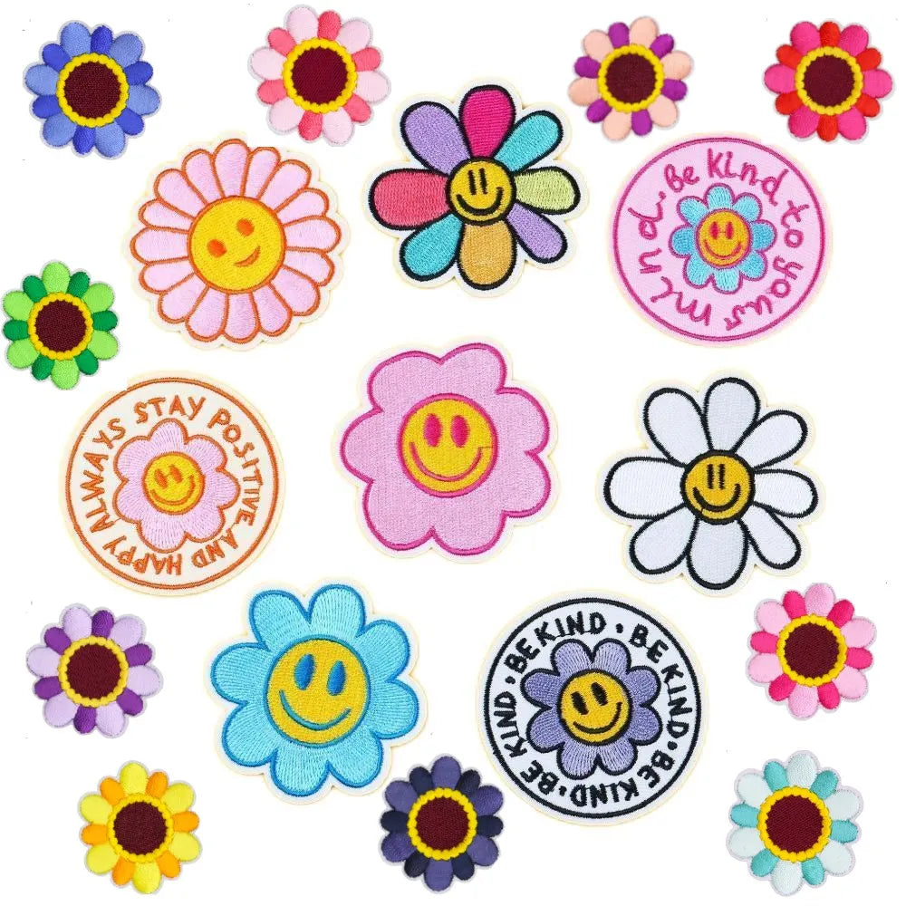 Custom  Iron on Embroidered  Colorful Smile Face Sun Flower Patches for Clothing Bag Decoration