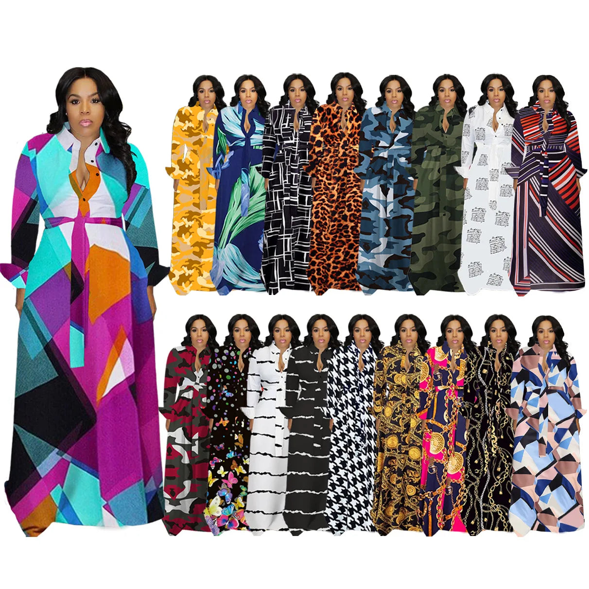 Trending 2023 Fall New Designs Long Full Sleeve Dress Ladies Digital Print Plus Size Maxi Dresses