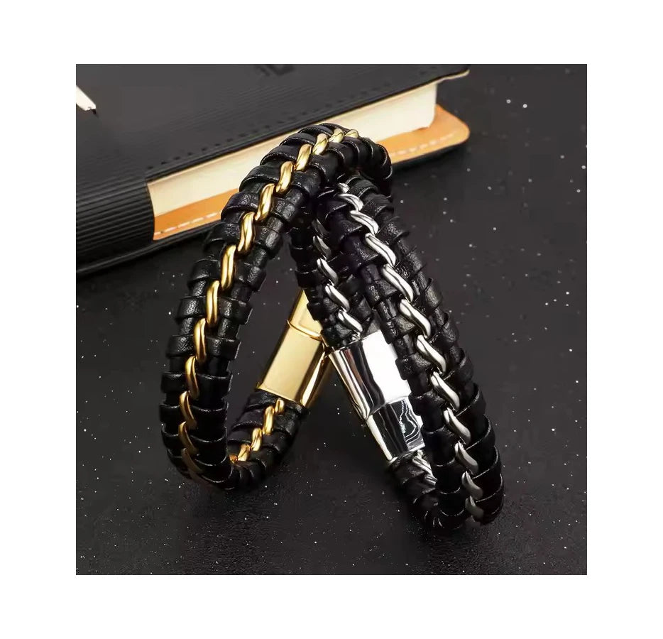 Fashion Punk Men Leather Bracelet Stainless Steel Magnetic Buckle Cuffs Bangle Multilayer Braided Woven Leather Bracelet