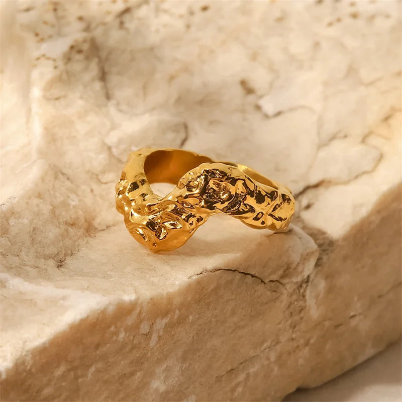 Stainless Steel v Shape Statement Rings 18k Gold Hammered Texture Rings