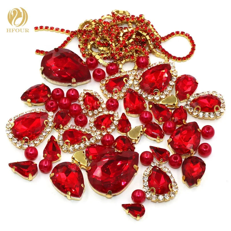 Wholesale 3D Sew-On Techniques Red Mixed Glass Pearls Cup Chain Crystal Rhinestones for Clothes Jewelry & DIY Crafts Making