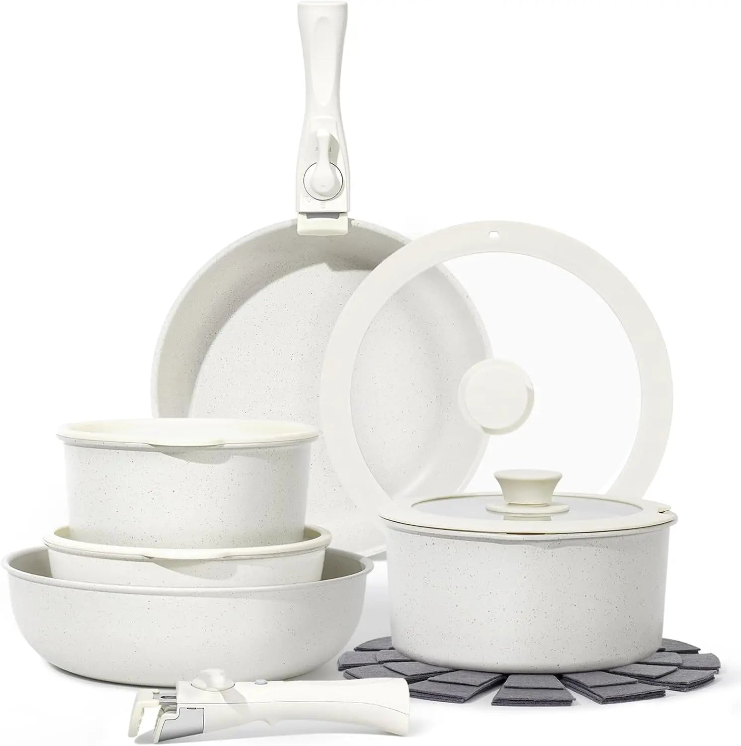 Hot-Selling White Ceramic Aluminum Nonsticking Cookware Set Fry Pan with Detachable Handle Glass Lid Pans Pots for Cooking