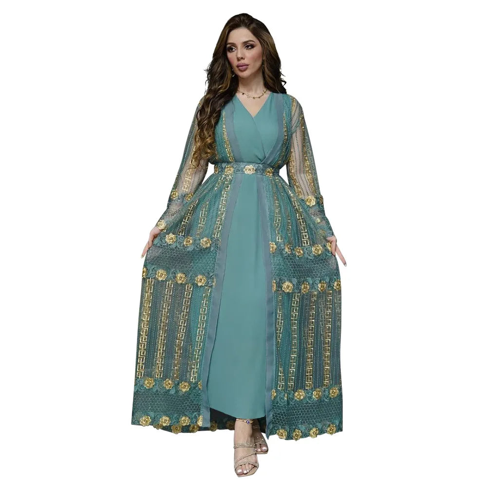 UNI Particular Design Elegant Design High Waisted V-Neck Mesh Design Applique Abayas for Women Muslim